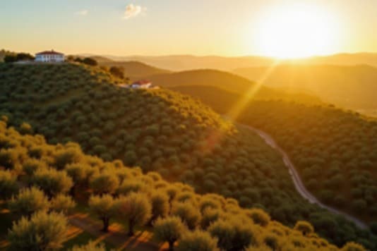 Olival em colinas ao pôr do sol