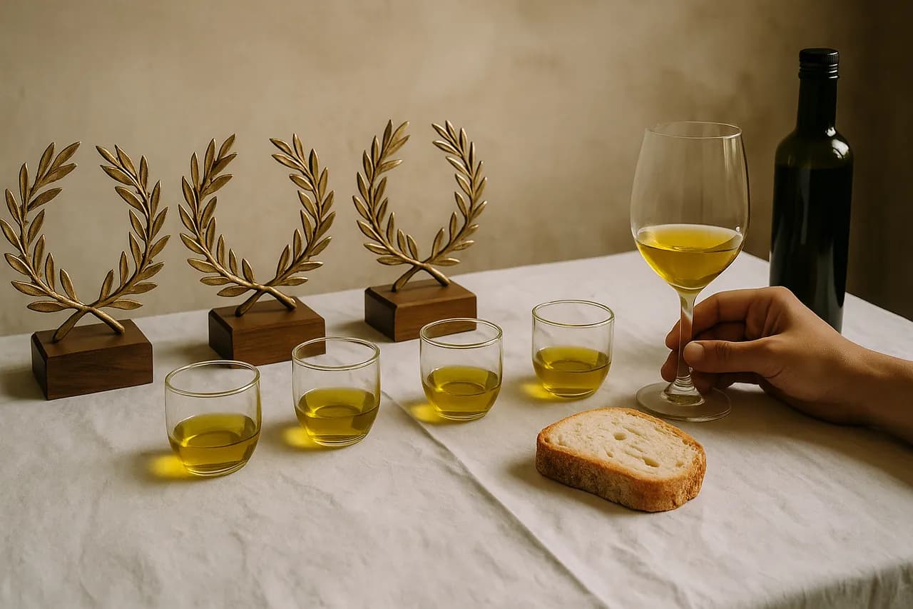 Mesa de prova de azeite com pão, copos e vinho